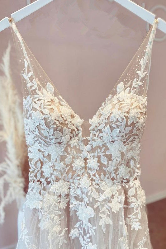 Wedding Dresses Colorful, Elegant Long A-line V-neck Tulle Appliques Lace Open Back Wedding Dress