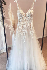 Wedding Dress Colorful, Elegant Long A-line V-neck Tulle Appliques Lace Open Back Wedding Dress