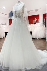 Wedding Dress Brides, Elegant Long A-line V Neck Tulle Lace Open Back Wedding Dress