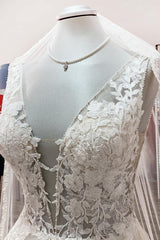 Wedding Dress Bride, Elegant Long A-line V Neck Tulle Lace Open Back Wedding Dress