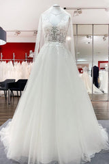 Wedding Dress Stores, Elegant Long A-line V Neck Tulle Lace Open Back Wedding Dress