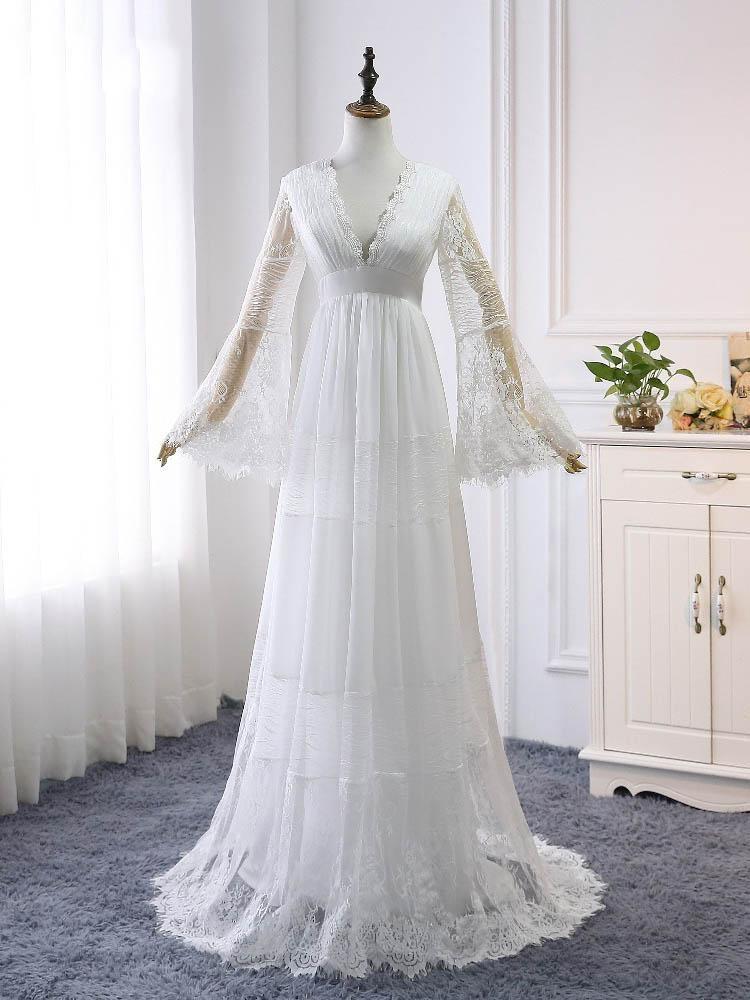 Wedding Dresses Tops, Elegant Long A-line V-Neck Tulle Lace Wedding Dresses with Sleeves
