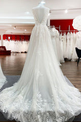 Wedding Dresses Fashion, Elegant Long A-Line V Neck Tulle Spaghetti Straps Lace Wedding Dress