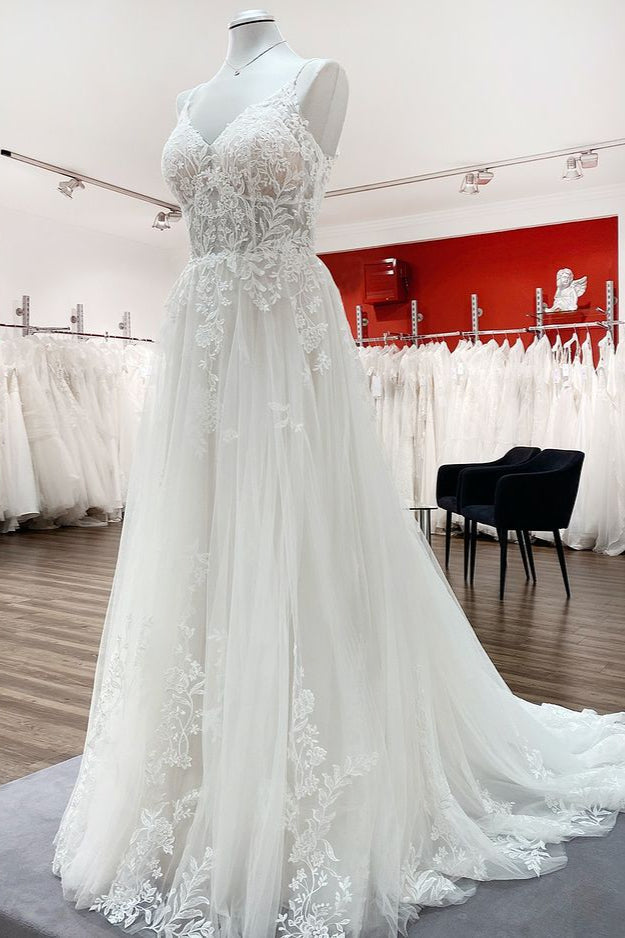 Wedding Dress Fashion, Elegant Long A-Line V Neck Tulle Spaghetti Straps Lace Wedding Dress