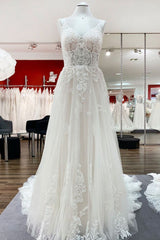 Wedding Dresses Colored, Elegant Long A-Line V Neck Tulle Spaghetti Straps Lace Wedding Dress
