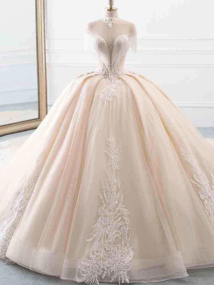 Wedding Dress Casual, Elegant Long Ball Gown High Neck Tassel Sleeves Tulle Wedding Dresses