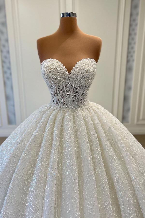 Wedding Dresses Color, Elegant Long Ball Gown Sweetheart Sleeveless Sequined Tulle Lace Wedding Dresses
