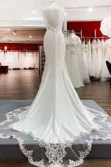 Wedding Dresses Fashion, Elegant Long Mermaid Spaghetti Straps Lace Satin Open Back Wedding Dress