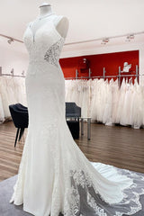 Wedding Dress Fashion, Elegant Long Mermaid Spaghetti Straps Lace Satin Open Back Wedding Dress