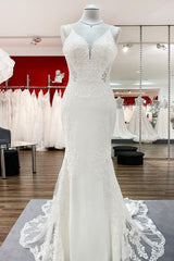 Wedding Dresses Colored, Elegant Long Mermaid Spaghetti Straps Lace Satin Open Back Wedding Dress