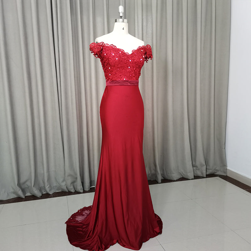 Formal Dresses Lace, Elegant Long Mermaid Spandex Off Shoulder Party Dress, Wine Red Bridesmaid Dress
