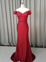 Formal Dresses For Weddings, Elegant Long Mermaid Spandex Off Shoulder Party Dress, Wine Red Bridesmaid Dress