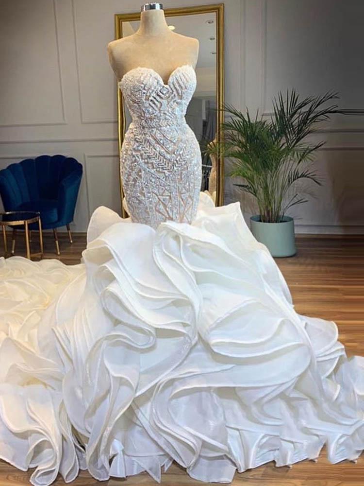 Wedding Dresses Nearby, Elegant Long Mermaid Sweetheart Lace Up Crystal Wedding Dresses