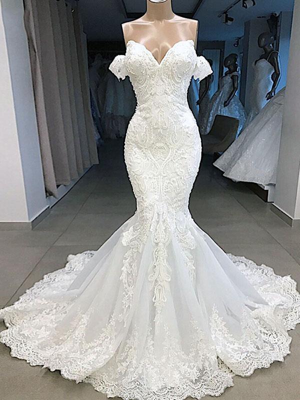 Wedding Dress Colors, Elegant Long Mermaid Sweetheart Lace Wedding Dresses with Sleeves