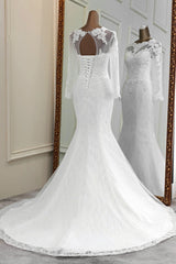 Wedding Dresses Elegant Simple, Elegant Long Mermaid Tulle Jewel Wedding Dress with Sleeves