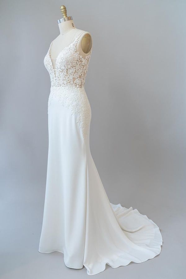 Wedding Dress Styling, Elegant Long Mermaid V-neck Lace Backless Wedding Dress