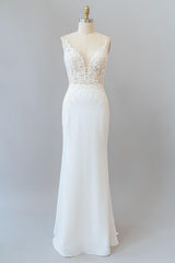 Wedding Dresses Style, Elegant Long Mermaid V-neck Lace Backless Wedding Dress