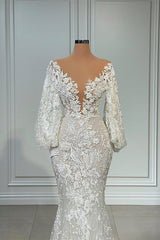 Wedding Dresses Idea, Elegant Long Mermaid V-neck Tulle Lace Wedding Dress with Sleeves