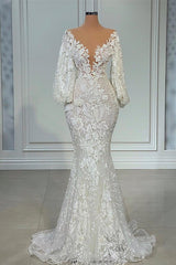 Wedding Dress For, Elegant Long Mermaid V-neck Tulle Lace Wedding Dress with Sleeves