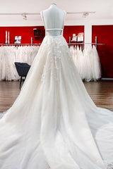 Wedding Dress Inspo, Elegant Long Princess V-neck Tulle Backless Wedding Dress with Lace