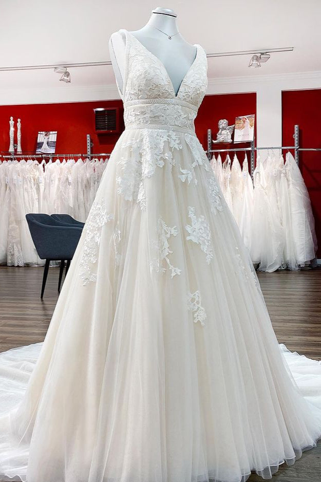 Wedding Dress Sales, Elegant Long Princess V-neck Tulle Backless Wedding Dress with Lace