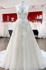 Wedding Dresses Deals, Elegant Long Princess V-neck Tulle Backless Wedding Dress with Lace