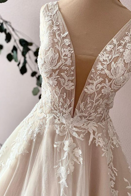Wedding Dresses On A Budget, Elegant Long Sweetheart A-Line Tulle Appliques Lace Wedding Dress