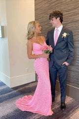 Elegant Mermaid Sequin Pink Long Prom Dresses Formal Dress