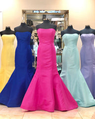 Prom Dresses For Skinny Body, Elegant Mermaid Yellow Strapless Satin Long Prom Evening Dresses Classy