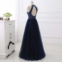 Bridal Bouquet, Elegant Navy Blue Halter Beaded Long Evening Dress, Prom Dress
