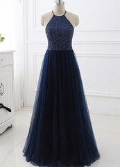 Bachelorette Party Games, Elegant Navy Blue Halter Beaded Long Evening Dress, Prom Dress