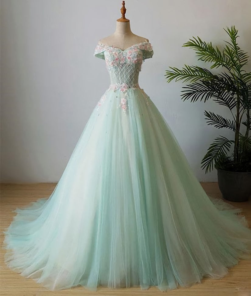 Formal Dresses 2024, Elegant Off Shoulder Light Green Tulle Sweet 16 Dress, Long Formal Gown