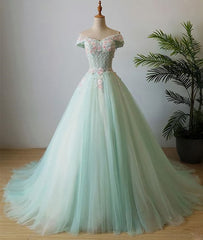 Formal Dresses 2024, Elegant Off Shoulder Light Green Tulle Sweet 16 Dress, Long Formal Gown