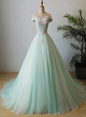 Formal Dresses Prom, Elegant Off Shoulder Light Green Tulle Sweet 16 Dress, Long Formal Gown