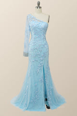 Prom Dress Blush, Elegant One Sleeve Light Blue Lace Mermaid Long Formal Dress