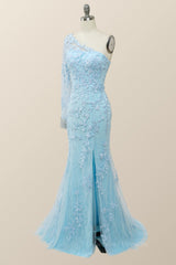 Prom Dresses Blushes, Elegant One Sleeve Light Blue Lace Mermaid Long Formal Dress