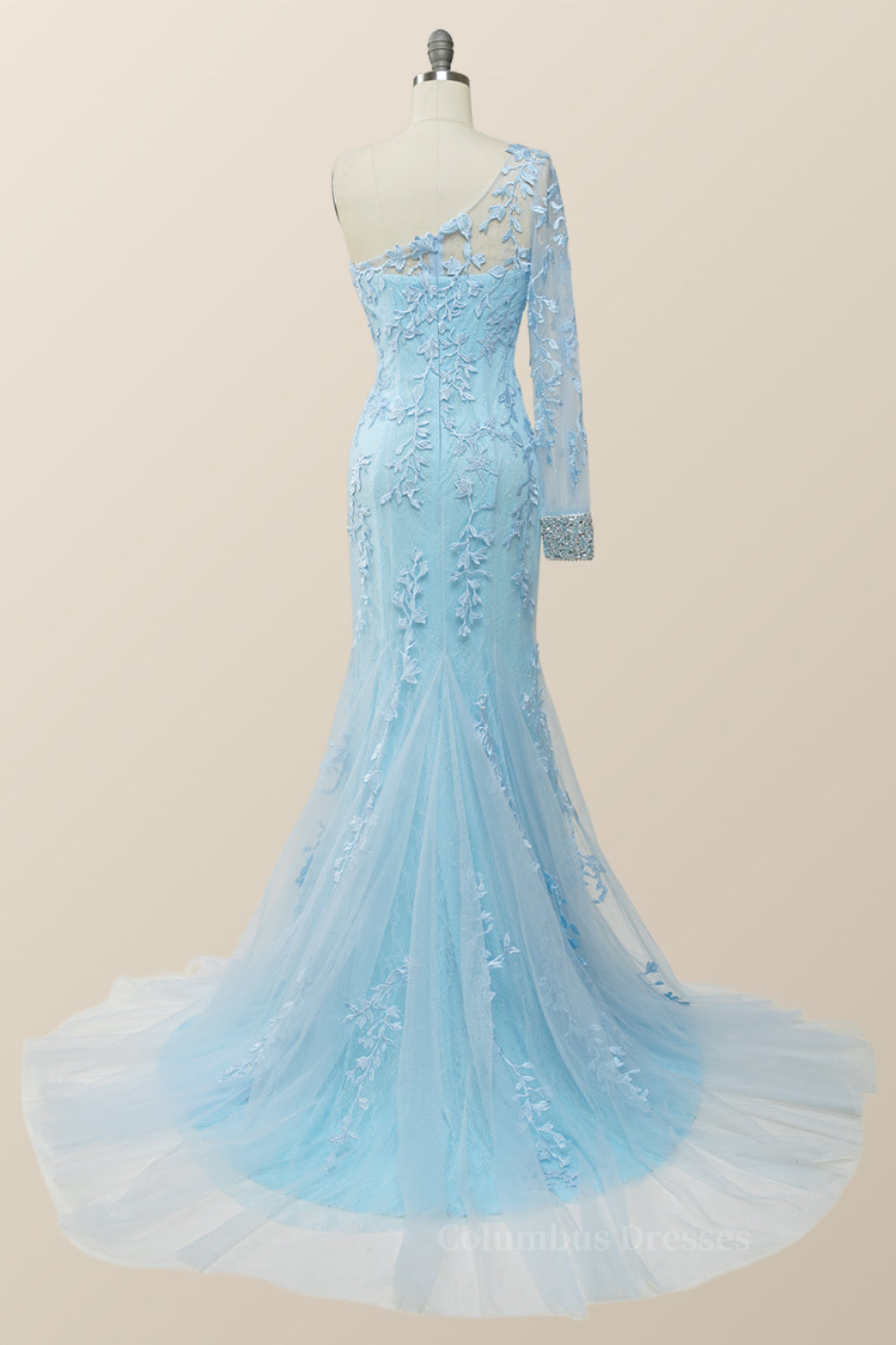 Prom Dresses 2058 Long Sleeve, Elegant One Sleeve Light Blue Lace Mermaid Long Formal Dress