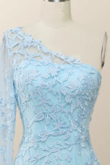 Prom Dresses Blue Lace, Elegant One Sleeve Light Blue Lace Mermaid Long Formal Dress