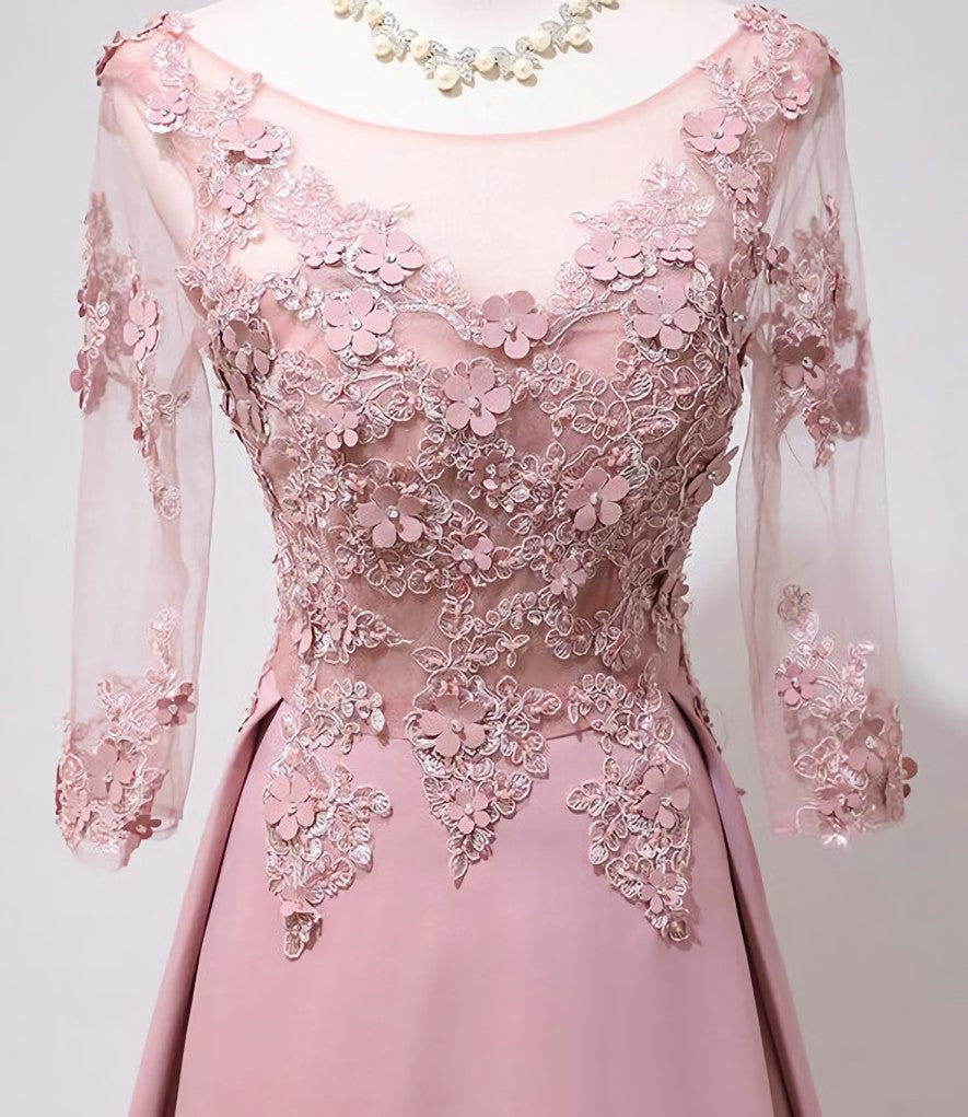 Prom Dress 2025, Elegant Pink Long Sleeves Lace Applique Long Party Dress, Pink Prom Dress