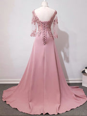 Party Dresses Jumpsuits, Elegant Pink Long Sleeves Lace Applique Long Party Dress, Pink Prom Dress