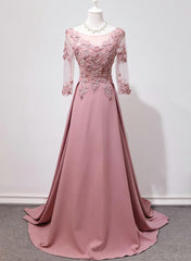 Party Dress Long Sleeve Maxi, Elegant Pink Long Sleeves Lace Applique Long Party Dress, Pink Prom Dress