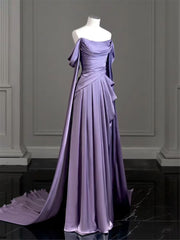 Flower Dress, Elegant Purple Satin Prom Dress, Draped Bodice Formal Party Dress