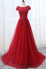 Club Outfit For Women, Elegant Red Tulle Long Prom Dress with Lace Applique, Red Party Gowns