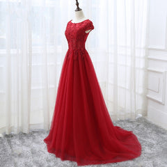 Prom Dress Pink, Elegant Red Tulle Long Prom Dress with Lace Applique, Red Party Gowns