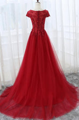 Dress Aesthetic, Elegant Red Tulle Long Prom Dress with Lace Applique, Red Party Gowns