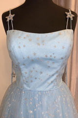 Bridesmaid Dress Style, Elegant Spaghetti Straps A-Line Light Sky Blue Tulle Formal Dresses