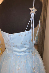 Bridesmaid Dresses Styles, Elegant Spaghetti Straps A-Line Light Sky Blue Tulle Formal Dresses