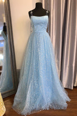 Bridesmaid Dress Stylee, Elegant Spaghetti Straps A-Line Light Sky Blue Tulle Formal Dresses
