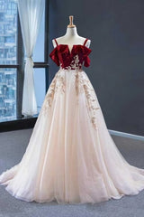 Prom Dress For Girl, Elegant Straps Tulle with Velvet Red Long Prom Formal Dress,Maxi Dresses