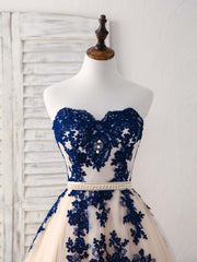 Bridesmaid Dresses Gold, Elegant Sweetheart Tulle Lace Applique Blue Long Prom Dresses